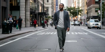 Stylish man showcasing modern menswear trends in a US city street