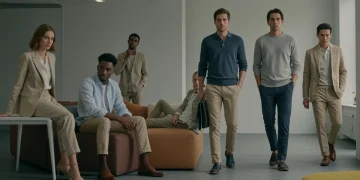 Professionals in a modern office displaying current workwear fashion trends.