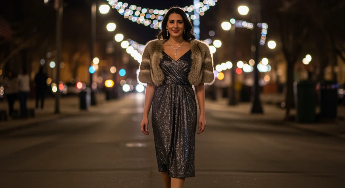 Woman in shimmering midi dress and faux fur stole for New Year's Eve gala.