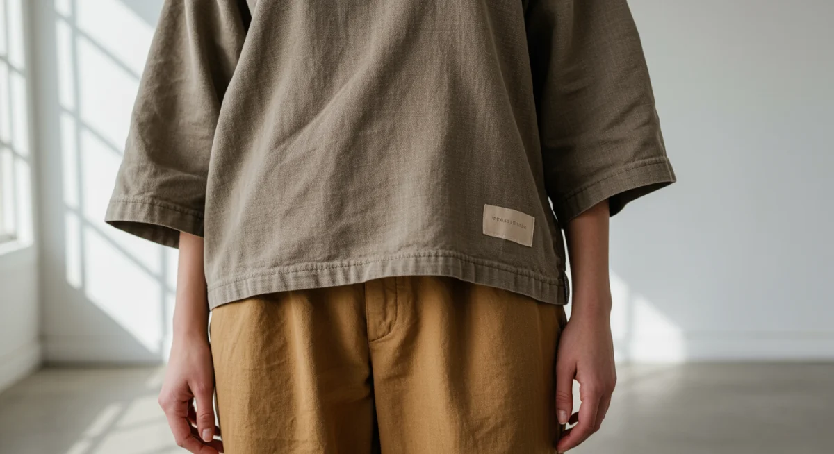 Model wearing organic cotton fashion, highlighting sustainable materials