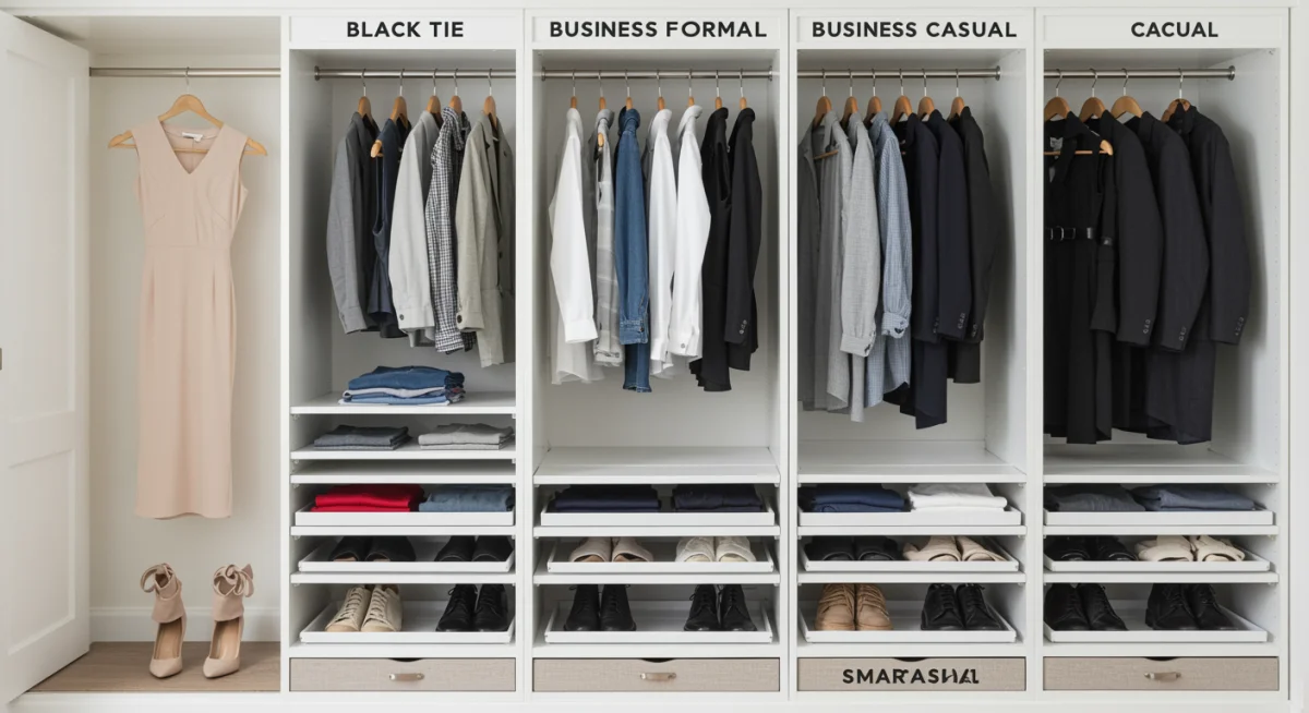 Organized closet with outfits labeled by dress code: Black Tie, Cocktail, Business Formal, Business Casual, Smart Casual, Casual.