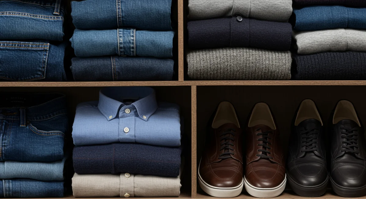 Organized smart casual wardrobe with versatile clothing and accessories