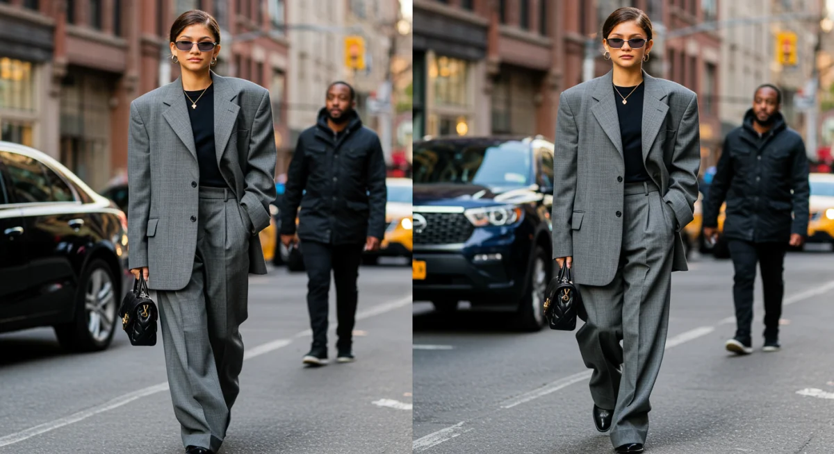 Celebrity in oversized blazer and wide-leg trousers, embodying 2025 fashion trends