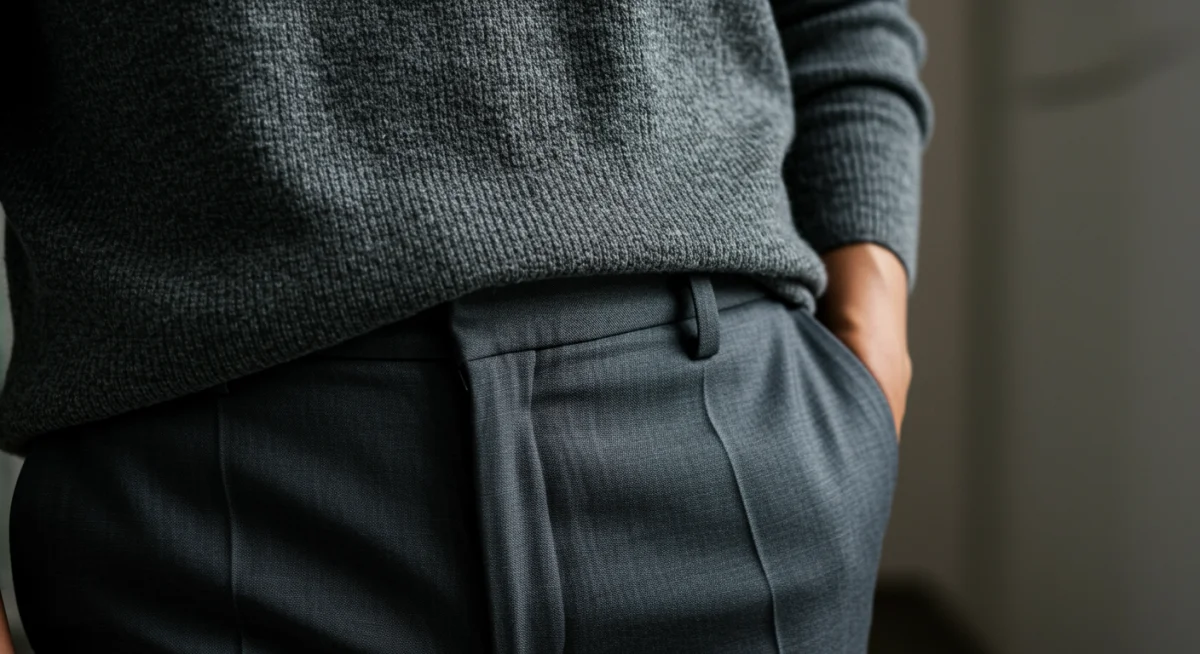 Close-up of a comfort-focused power knit sweater, showcasing texture and tailored trousers.