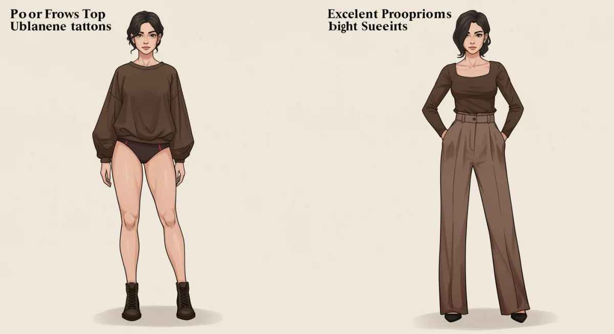 Visual comparison of good versus poor clothing proportions, demonstrating balanced and unbalanced silhouettes