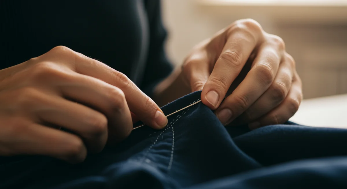 Hands mending clothing, symbolizing sustainable repair
