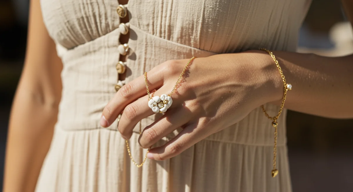 Close-up of a sculptural necklace, highlighting intricate design and luxurious quality, worn elegantly for spring 2025.