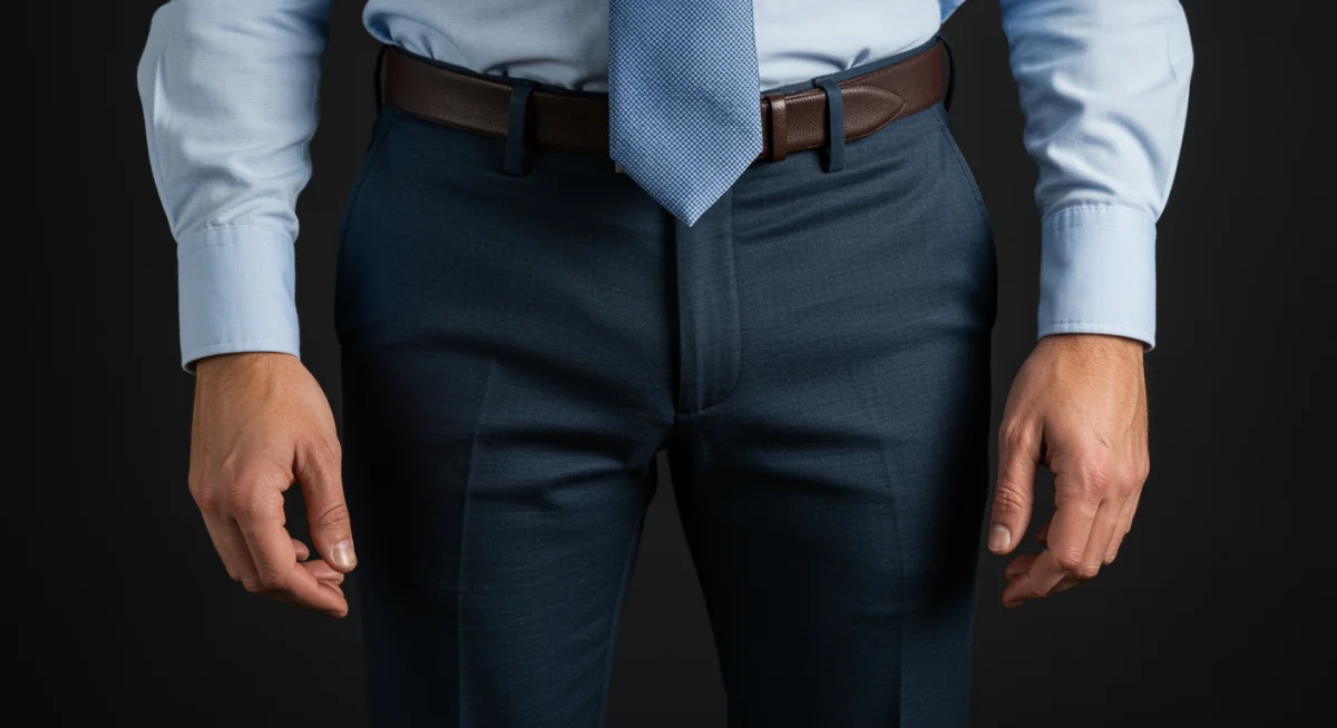 Close-up of a man wearing a crisp button-down shirt and tailored chinos, demonstrating smart business casual