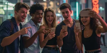 Youth interacting with social media on phones, symbolizing fashion trend discovery