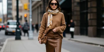 Woman in sophisticated outfit showcasing texture play with leather, knit, and silk