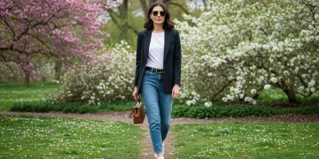 Woman in spring capsule outfit walking in park