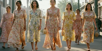 Models wearing vibrant, sustainable Spring/Summer 2025 fashion in a modern city setting.