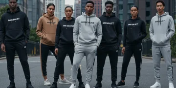 Stylish individuals in modern athleisure wear in an urban environment, embodying comfort and fashion.