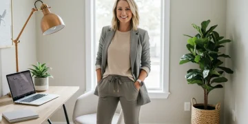 Stylish woman in comfortable work-from-home attire in a modern home office.