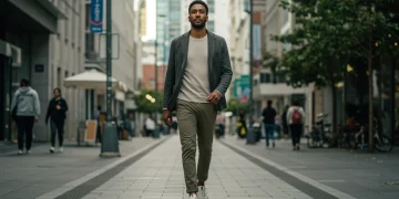 Stylish man in modern 2025 fashion trends walking cityscape