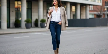 Stylish woman demonstrating versatile mix and match outfit with classic pieces in an urban setting.