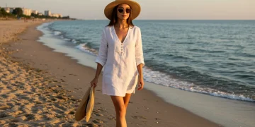 Woman in white linen dress on beach for summer 2025 style refresh