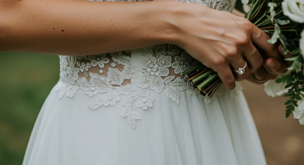 Sustainable bridal gown with intricate hand-stitched floral embroidery detail