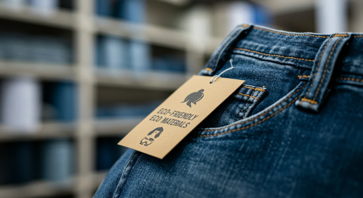 Sustainable denim fabric close-up with eco-friendly tag