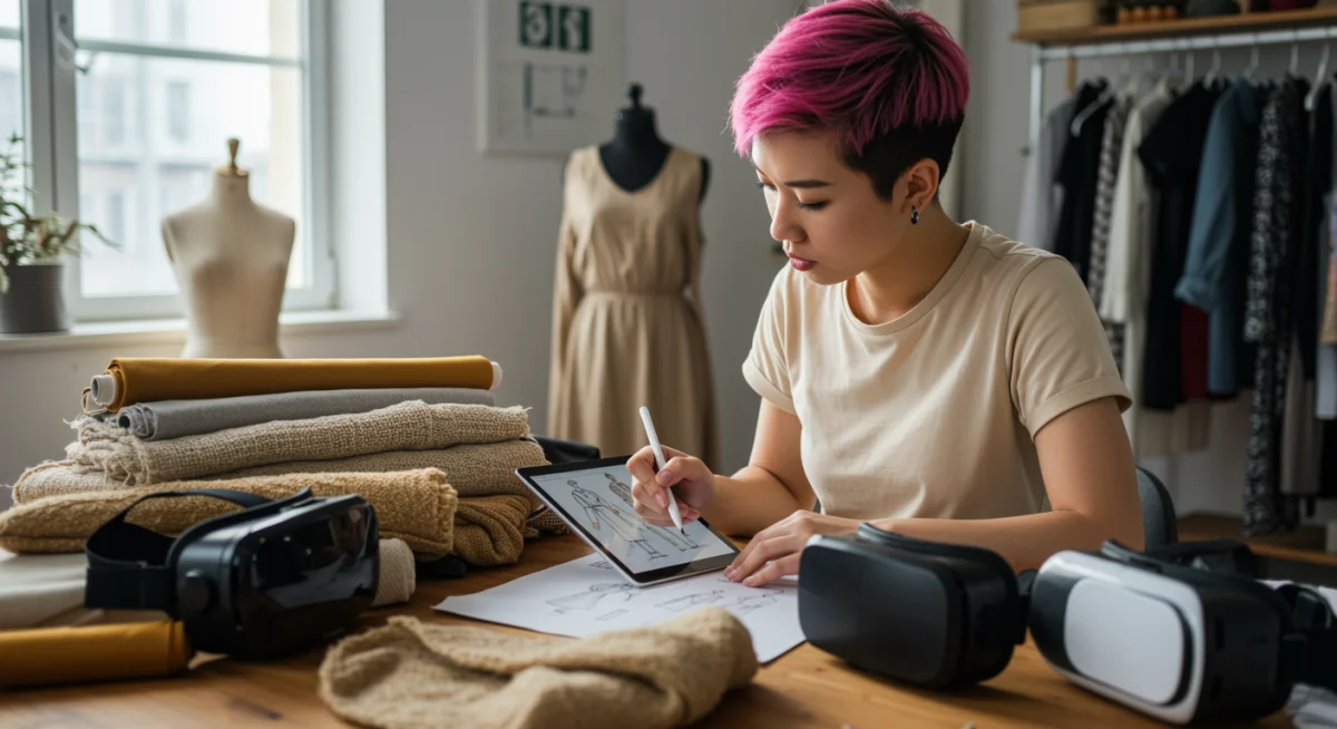 Fashion designer integrating sustainable materials with digital design tools