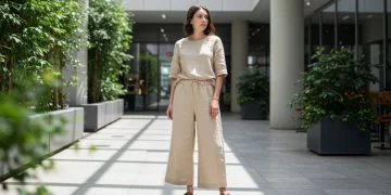 Woman in organic cotton and recycled material outfit