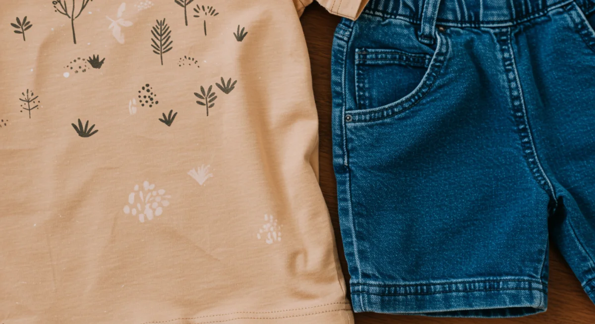 Child wearing sustainable organic cotton t-shirt and flexible denim shorts, highlighting eco-friendly fabric quality.