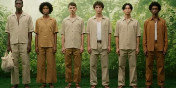 Diverse models in sustainable style clothing against green background