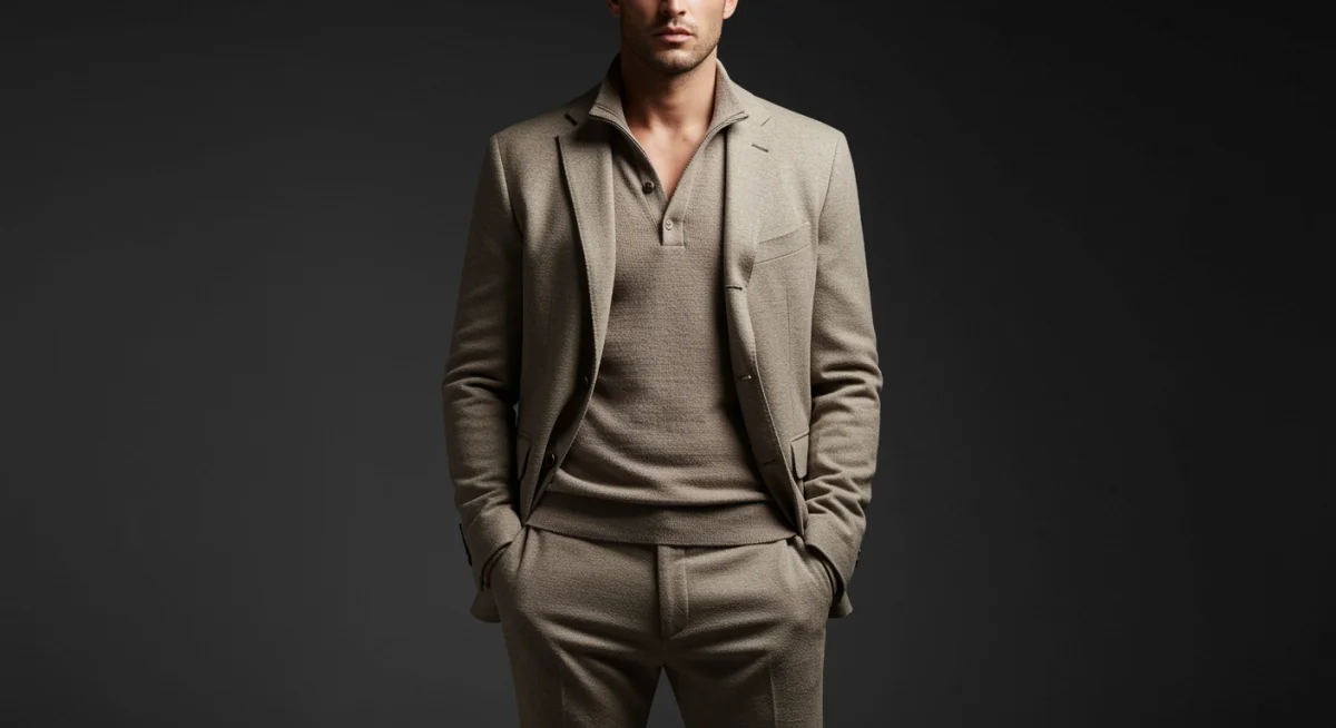 Man in tailored comfort suit with knit shirt, blending formality and ease