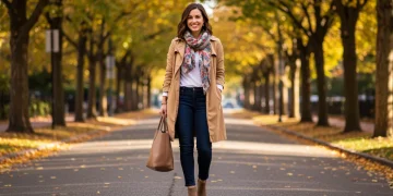 Woman in trench coat and scarf, embodying seamless transitional style in autumn urban setting.
