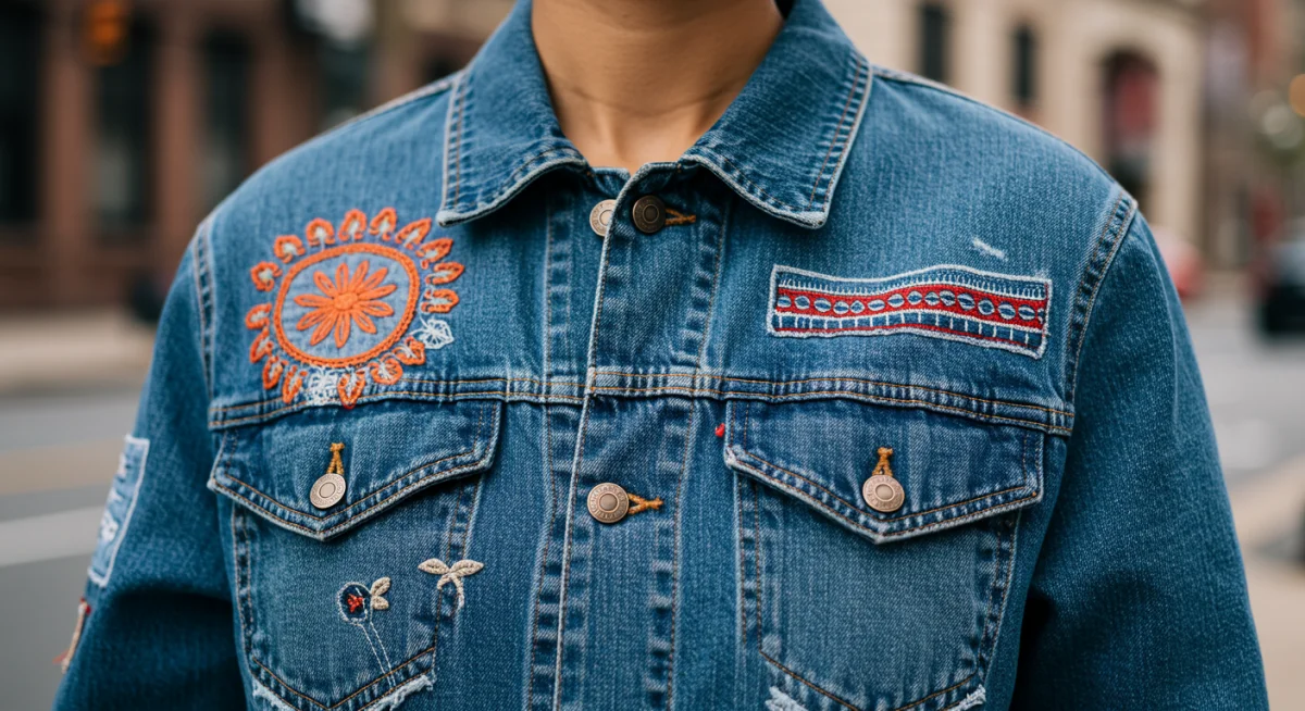 Close-up of an upcycled denim jacket with unique embroidery and patchwork, showcasing sustainable fashion.