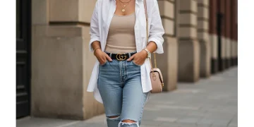 Woman in upgraded casual outfit, white shirt, jeans, statement belt, and stylish accessories for 2025 everyday wear.