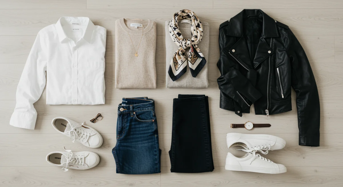 Flat lay of versatile wardrobe pieces for seasonal transitions, including a white shirt, sweater, jeans, and leather jacket.