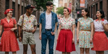 Diverse group in retro US fashion, showcasing styles from 50s to 90s in an urban environment, embodying vintage revival trends.