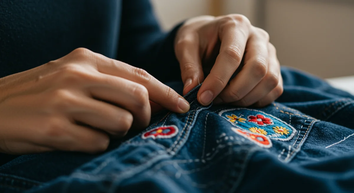 Hands mending clothing with visible mending techniques