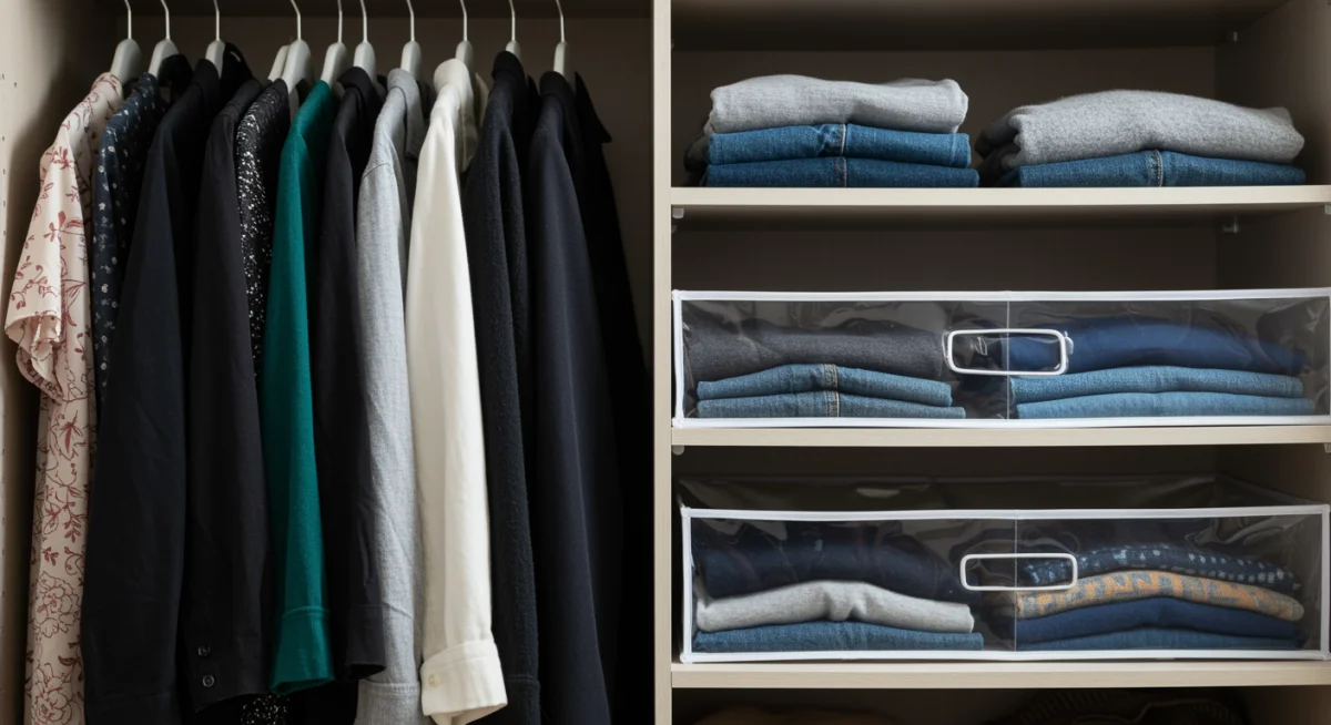 Organized closet with classic and trendy clothing items