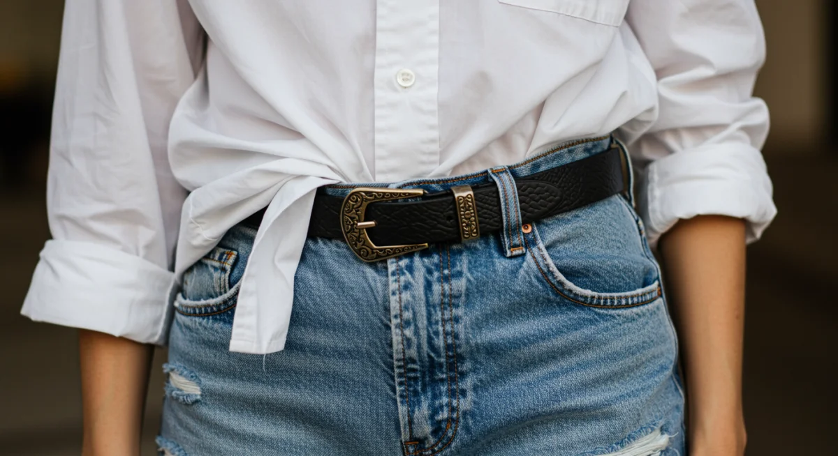 Stylized white button-down shirt with distressed jeans