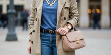 Woman in trench coat with statement necklace and chic handbag
