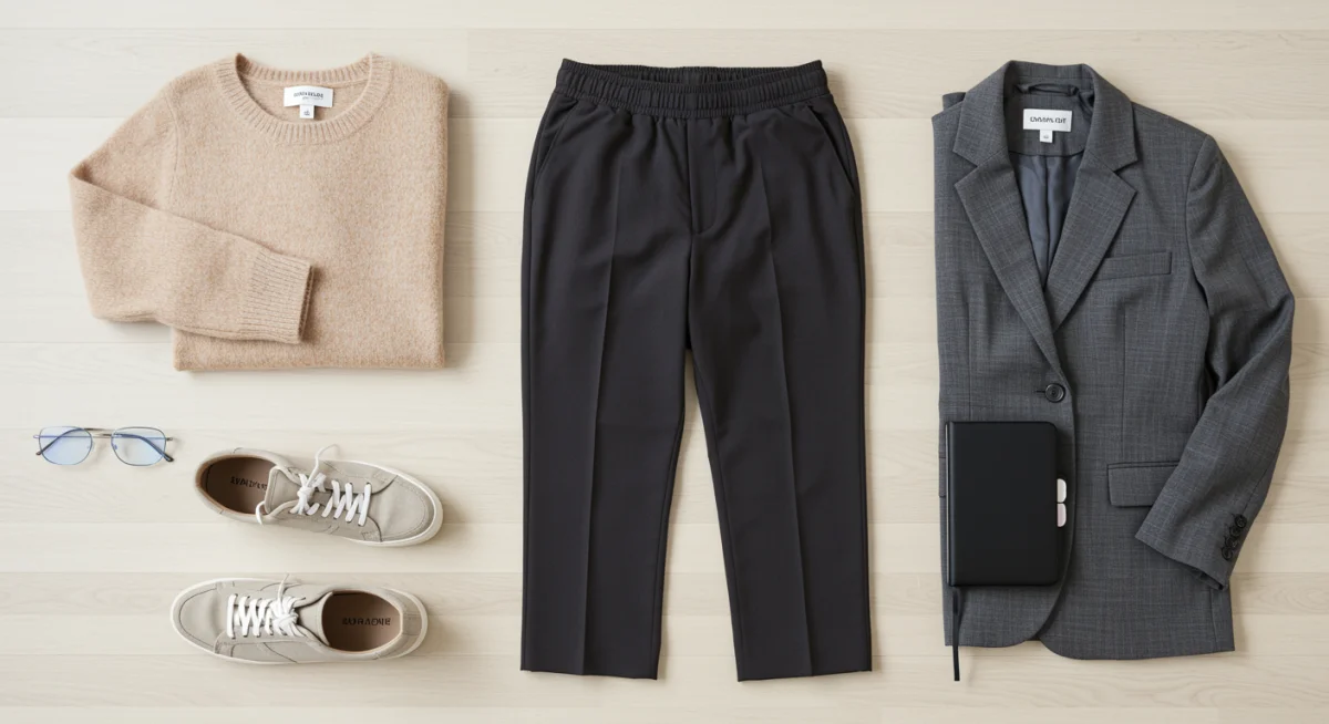 Flat lay of essential work-from-home clothing and accessories for 2025.