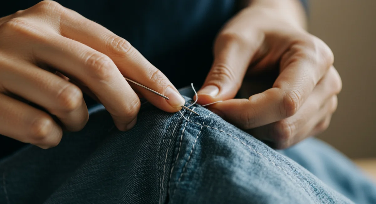 Hands practicing visible mending on a piece of clothing