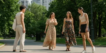 Diverse group showcasing 2026 summer outfit aesthetics in a US park