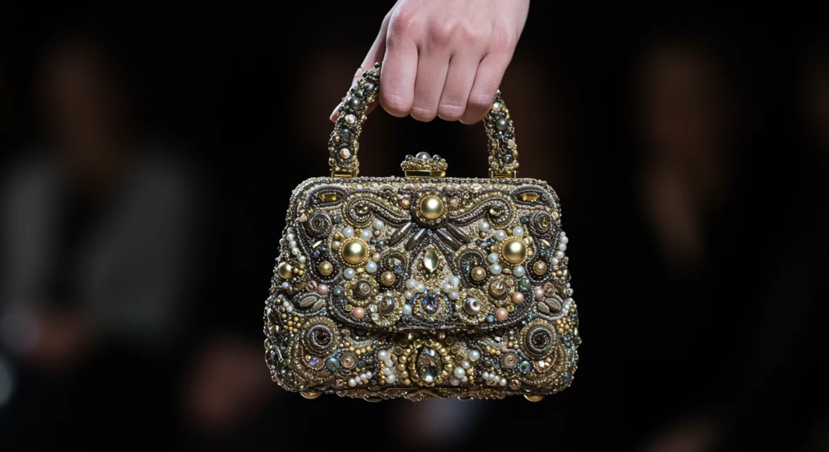 Micro-mini handbag with intricate beadwork on display at Golden Globes 2026