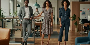 Professionals in modern, stylish office attire, exuding confidence and professionalism in a contemporary workspace.