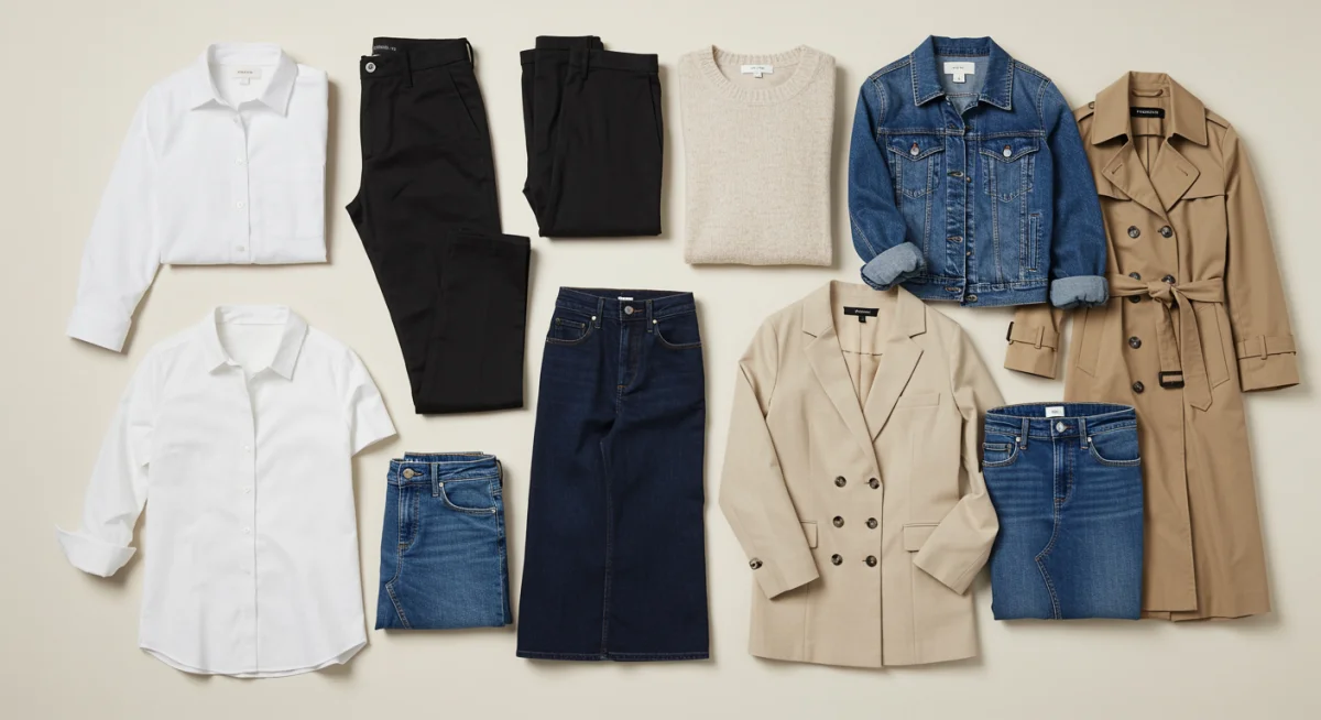 Flat lay of 10 versatile core clothing pieces for a capsule wardrobe.