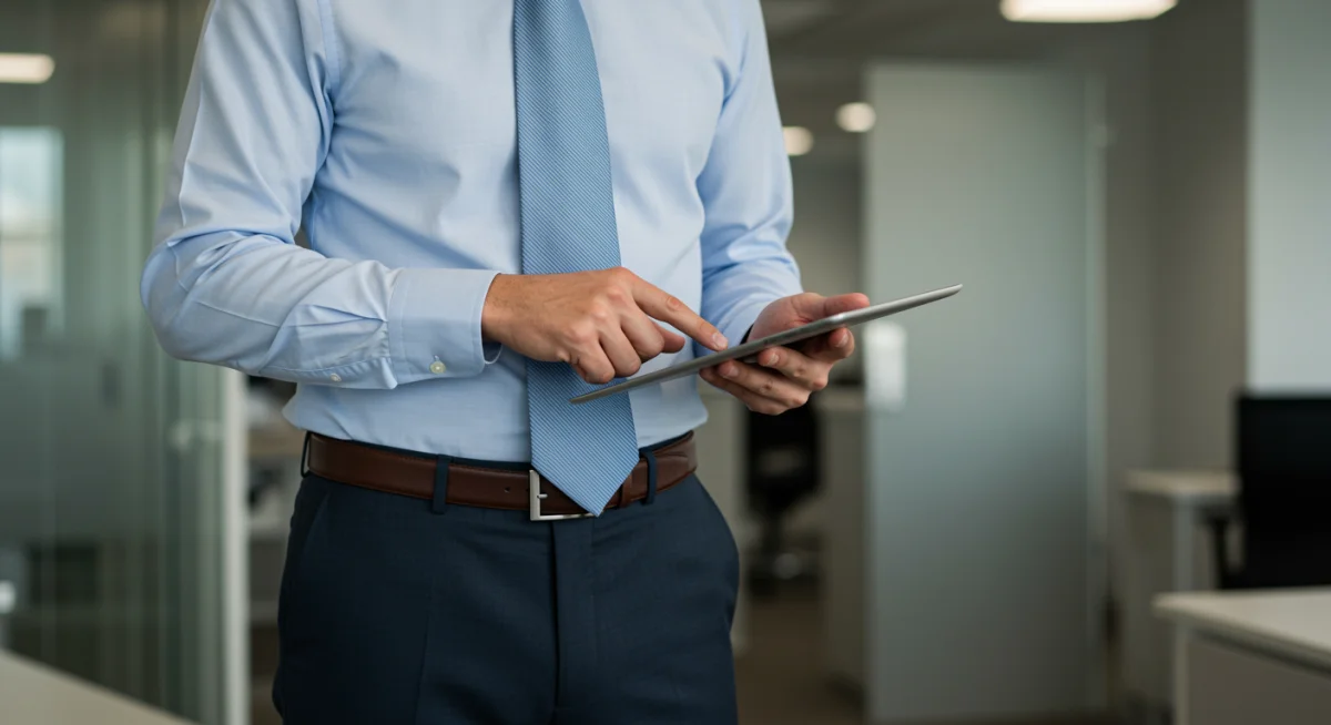 Professional man in crisp blue shirt, dark trousers, and leather belt