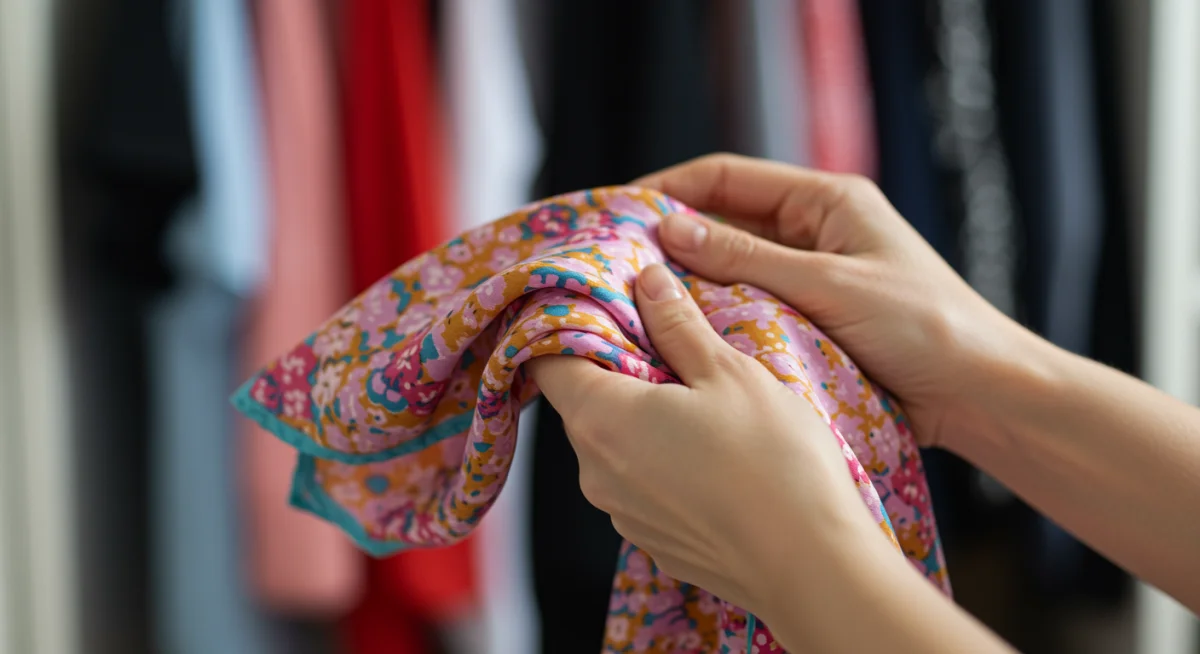 Hands folding a vibrant silk scarf, showcasing versatile accessory for spring outfits