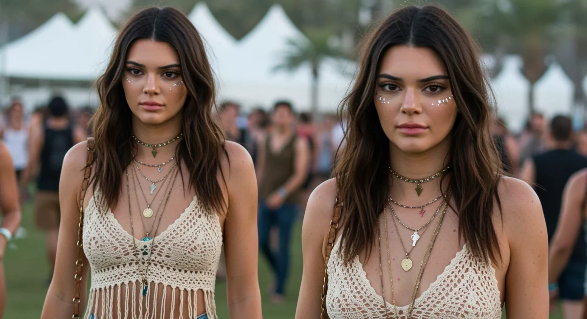 Kendall Jenner at a festival, showcasing bohemian style with layered jewelry and a crochet top.