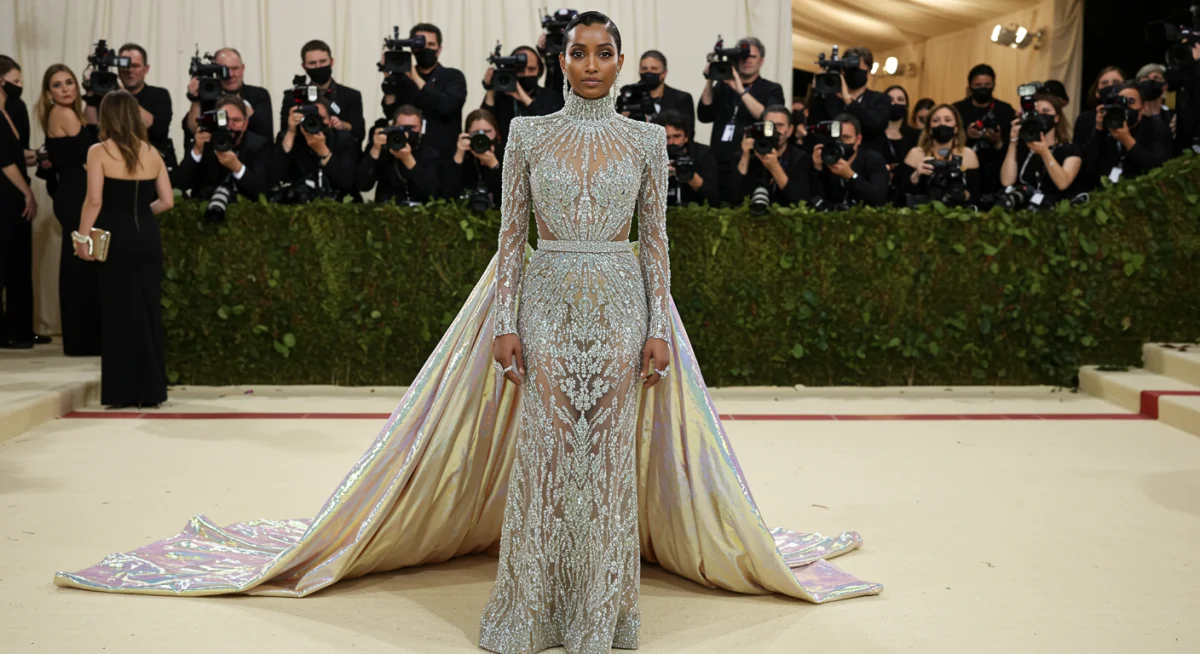 Celebrity in a shimmering, iridescent gown at the 2026 Met Gala, showcasing luminous fabric.