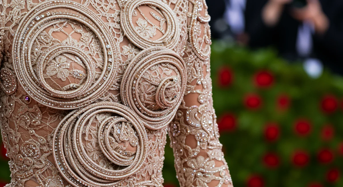 Close-up of a celebrity's intricate, sculptural gown detail from the 2026 Met Gala, highlighting texture.