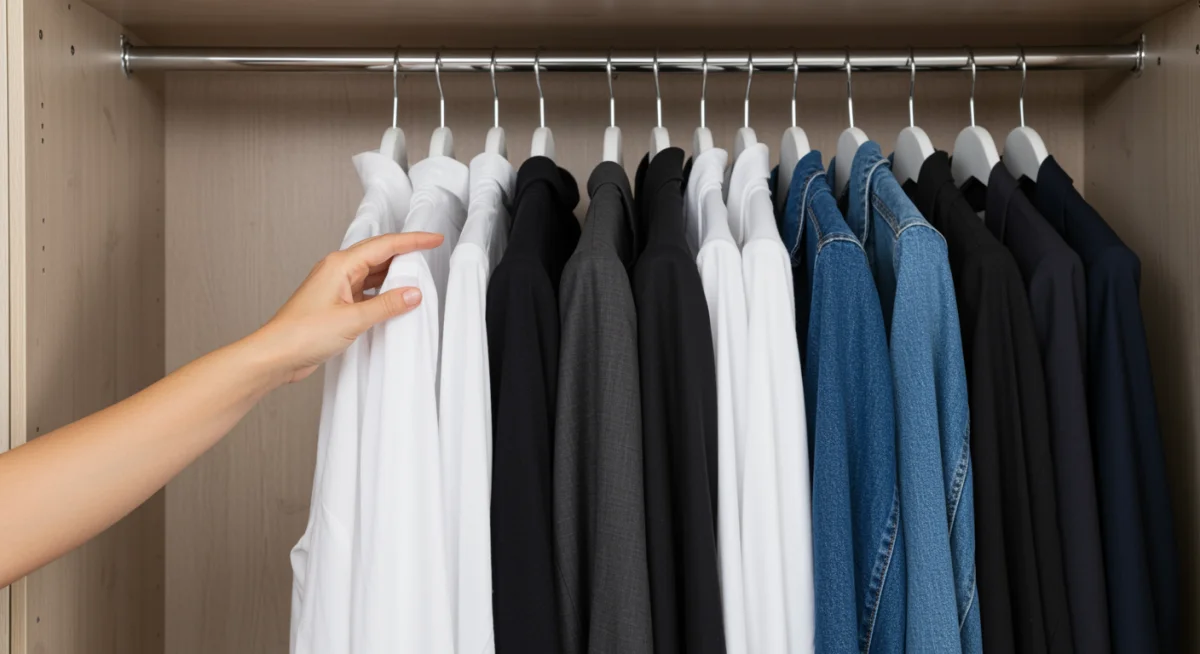 Organized wardrobe with versatile clothing pieces for quick styling