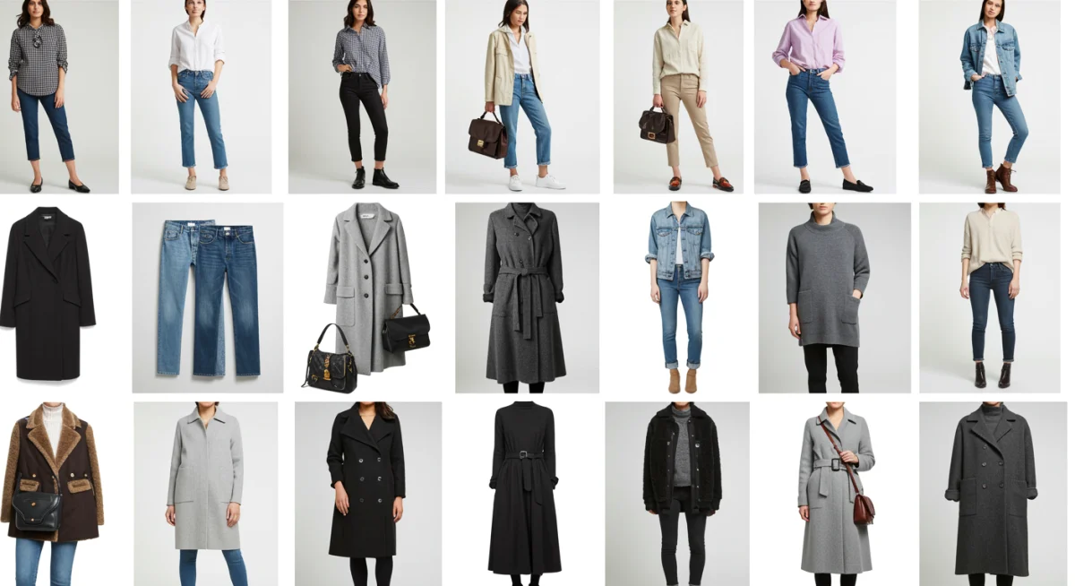 Collage of diverse outfit combinations created from a small capsule wardrobe.